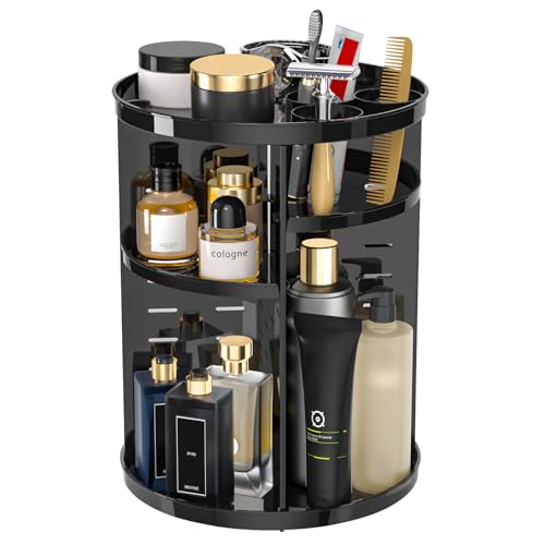 Jiavarry Rotating Makeup Organizer for Vanity, 360 Spinning Skincare Organizers with Adjustable Trays, Make Up Desk Storage Carousel Rack, Cosmetic Display Cases for Dresser Bathroom Countertop Black - color: Black