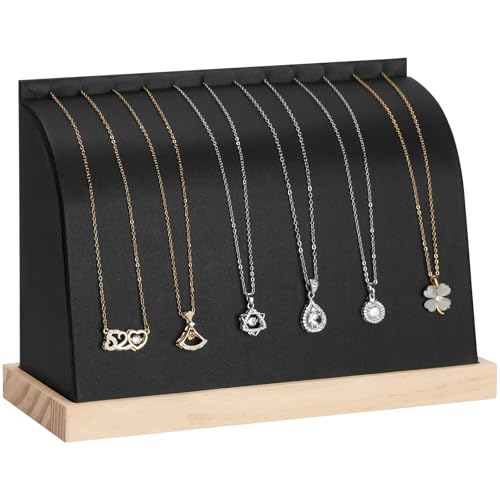 KUKUVR PU Cambered Necklace Display Stand for Women, Wood Base Jewelry Holder Rack for Necklace Pendant Bracelet Chains, Necklaces Storage Organizer Showcase for Selling Vendors exhibition (Black) - color: Black