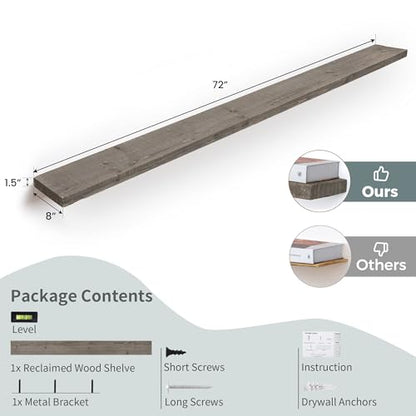 72 inch Floating Shelves for Wall, 8" Deep Rustic Reclaimed Barnwood Shelves, Floating Shelf Wall Hanging Shelves with Invisible Heavy-Duty Metal Bracket | Wall Mounted | Farmhouse Style, 1PC,Grey - color: Distressed Grey, size: 72inches-1P