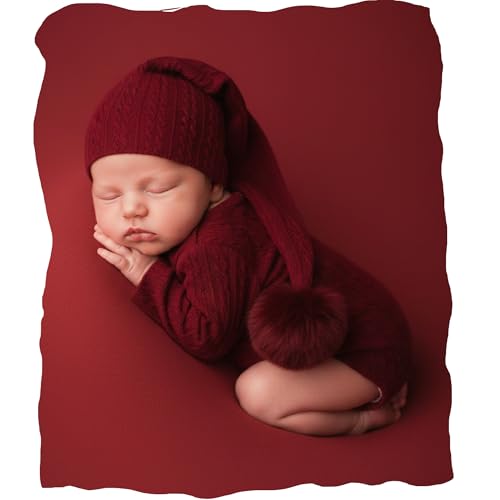 Newborn Photography Props, Infant Photoshoot Outfit Romper & Pom Pom Hat for Baby Boys Girls - color: Wine Red