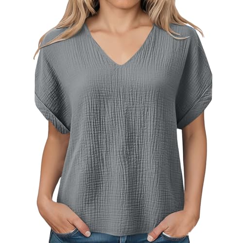 Womens Shirts Cotton Linen v Neck Short Sleeve Blouses Casual Loose Fit Textured Summer Pullovers Daily Wear - color: A03-gray, size: Medium
