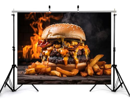 12x10ft Loaded Burger Backdrop Fiery Flame Photography Background for Food Festival and Spicy Party Decorations Tapestry Photo Booth Props - size: 12x10ft