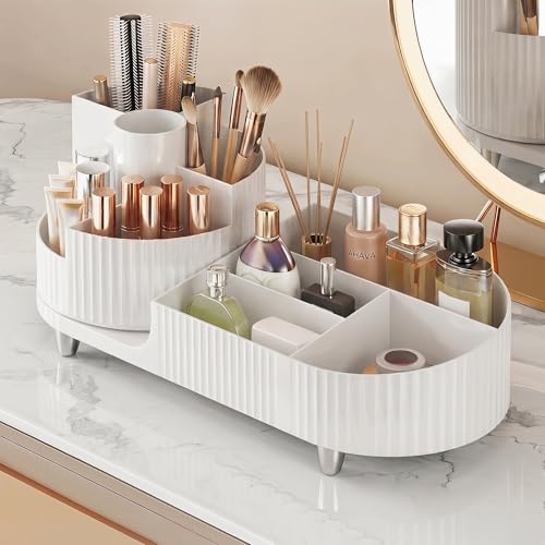 Booklov Rotating Makeup Caddy Organizer for Vanity, Large Capacity Cosmetic Display Case,Countertop Beauty Storage Holder for Skincare, Brush Eyeshadow Lipstick, Counter Desk Organization, White - color: White, size: L01