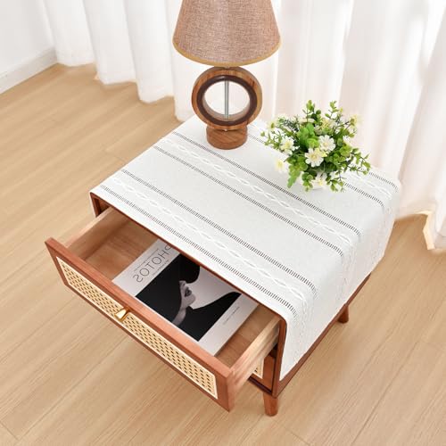 NEWISHER Rustic Farmhouse Embroidered Small Rectangle Tablecloth, Jacquard Striped Table Cloth Washable Fabric Dining Table Cover for Nightstand, Bedside Table, End Table (15x35 Inch) - color: Off White, size: 35" x 15" (Rectangular)
