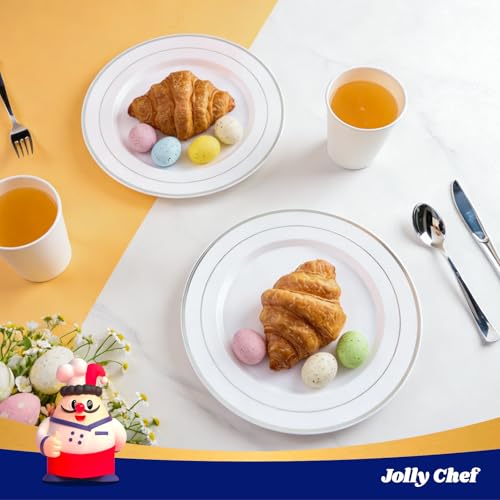 JOLLY CHEF 100 Pieces Silver Plastic Plates, 10 Inch Disposable Plates White Plate with Silver Rim, Heavy Duty Plastic Plates for Christmas, Birthdays and Weddings - style: Silver-100