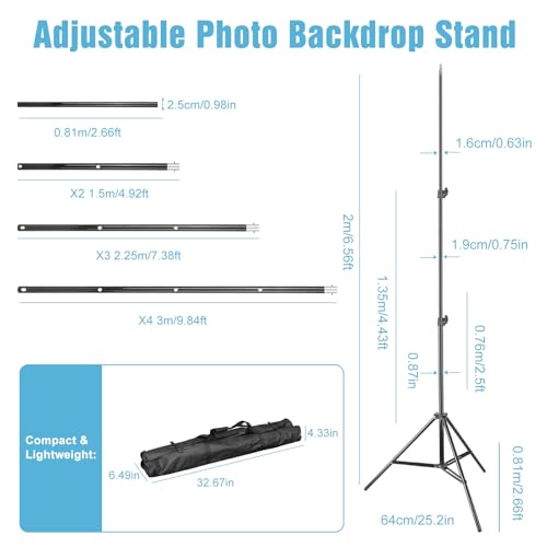 Adjustable Backdrop Stand, 6.5 x 10ft Photo Studio Background Stand Support kit with 4 Clamps, Carrying Bag, Photo Backdrop Stand for Party, Green Screen, Events Wedding Decoration, Photography