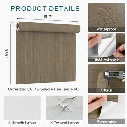 VEELIKE 15.7''x354'' Brown Grasscloth Peel and Stick Wallpaper Textured Grass Cloth Wallpaper Prepasted Removable Grasscloth Contact Paper Brown Vinyl Linen Wall Paper for Bedroom Bathroom Walls - color: Brown, size: 15.7" x 354"