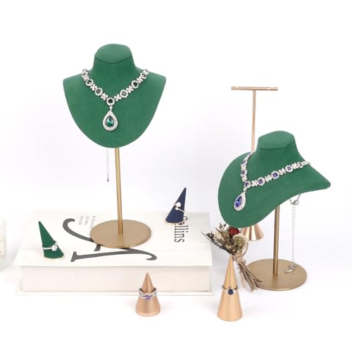 Necklace Display Stand For Selling Velvet Chain Jewelry Bust Holder Organizer With Stainless Steel Stand Jewelry Display - color: Green-7.08in