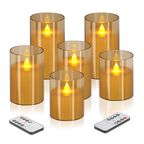 wemarry Flameless Candles 4" 5" 6" Acrylic Glass Pillars 3" Diameter Battery Operated Flickering Candles Include 8-Key Remote with Timer Function 400+ Hours (Amber, Warm Light 6 Pack) - color: Amber, size: Warm Light 6 Pack