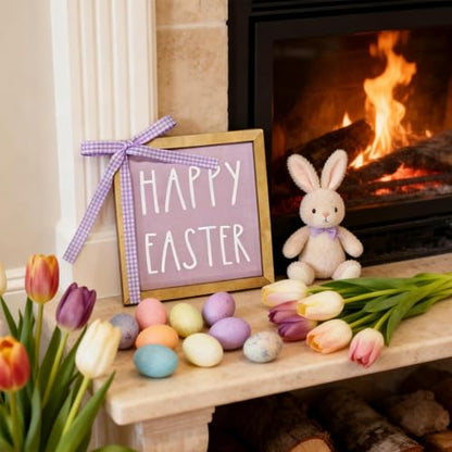 Happy Easter Wood Plaque 6x6 Inch - Purple Square Leaner Sign for Tiered Tray Decor - Lightweight Thin Wooden Prop with Gingham Ribbon Bow for Shelf Styling, Spring Basket Filler (No Stand)