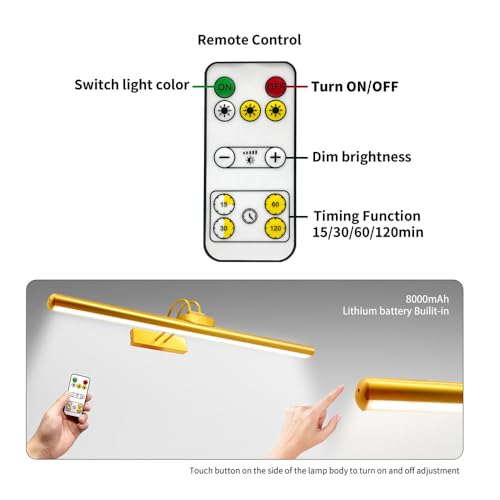 26" Wireless Picture Lights, Rechargeable Battery Art Display Light with Remote Control, Dimmable/Timer Off Dartboard Light, 3 Lighting Modes Full Metal Painting Display Lights (Gold-2 Pack) - color: Gold-2 Pack