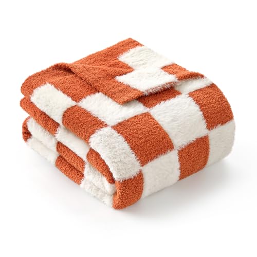 Snuggle Sac Orange Throw Blanket for Fall,Soft Twin Size Fall Checkered Blanket for Couch, Cozy Faux Fur Knit Microfiber Blankets for Sofa, Bed, Orange Checker,60x80 inches - color: Orange White, size: Twin(60"x80")