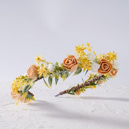 Yellow Flower Crown Headband - Rose Flower Headband Renaissance Fairy Floral Headpiece for Women Girls Weeding Birthday Party Cosplay Photo Prop - color: Yellow