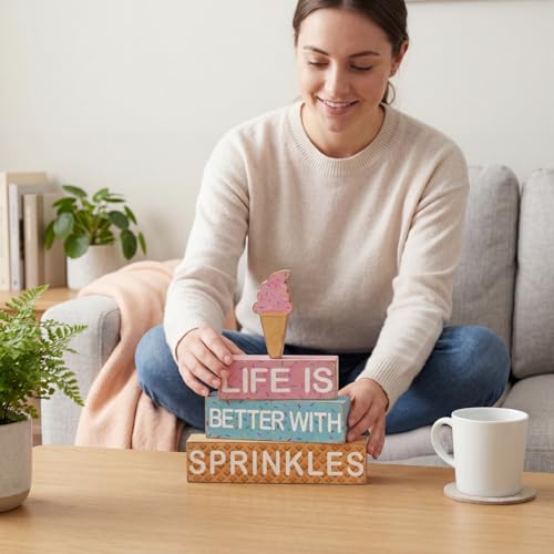 Geelin 4 Pieces Summer Ice Cream Table Wooden Decorations Ice Cream Wood Sign Centerpiece Home Decor Bar Party Decorations Blocks Tiered Tray Table Top Sign for Home - style: Ice Cream