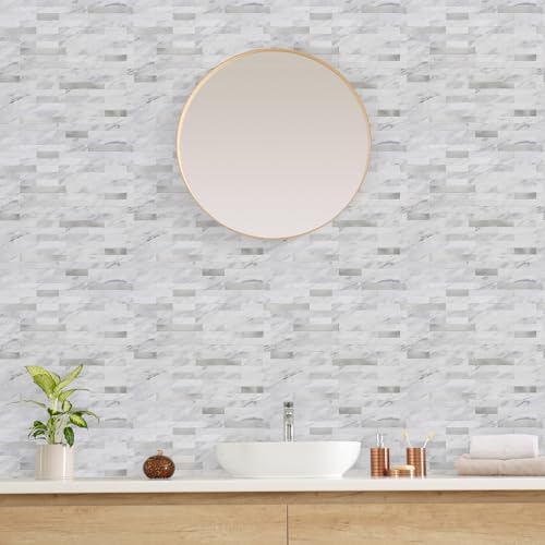 STICKGOO Peel and Stick Backsplash, PVC Wall Tiles Stick on Backsplash for Kitchen(1 Sheet, White Marble with Metal Silver) - color: White Marble with Metal Silver
