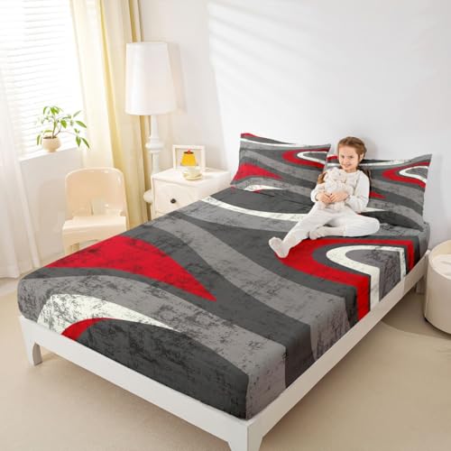 Red and Gray Bed Sheet Set Modern Abstract Art Fitted Sheet for Kids Boys Girls Teens Retro Circle Bedding Set Swirl Bed Cover 3Pcs with 2 Pillow Case Queen Size - color: Multi Aa04, size: Queen