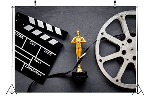 BELECO 7x5ft Fabric Movie Theme Backdrop for Photography Golden Movie Award Statue with Film Reel Video Tape and Clapper Board Background for Movie Night Theme Party Decorations Portrait Photo Props - size: 7x5ft
