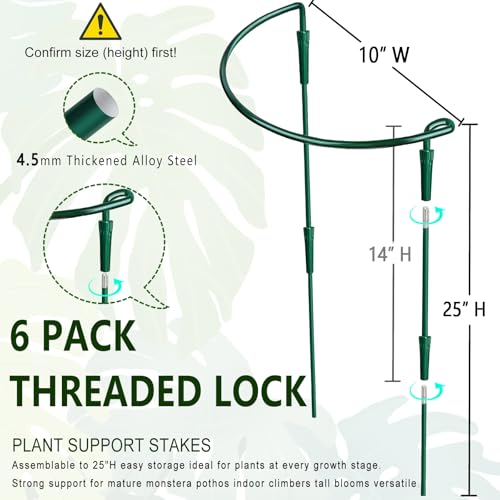 6 Pack Threaded Lock Metal Plant Support Stakes - 25" H Tall Peony Cage, Reusable Detachable Garden Ring for Hydrangea/Rose Bush/Potted Flowers, Indoor Outdoor Heavy Duty (10" W) - color: 10"W x 25"H