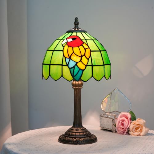 Tiffany Lamp Stained Glass Table Lamp 8 Inch Vintage Tiffany Style Green Parrot Pattern Cute Unique Bedside Nightstand Lamp Mini Decorative Desk Night Light for Bedroom Kitchen Counter Spaces - color: Tiffany Lamp Z
