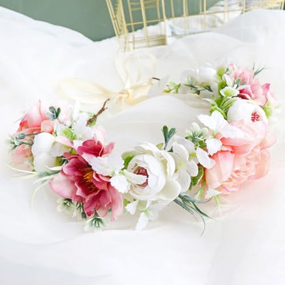 Women Flower Crown Bridal Floral Headband Flower Halo Floral Crown Wedding Party Cosplay Halloween Photos - color: beige and pink