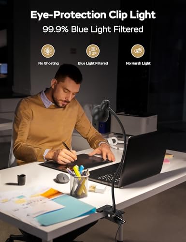 LiFMIRA Clip-on Reading Light - 3 Color Modes, 10 Dimmable Brightness, Eye Care Clamp Desk Lamp with Flexible Gooseneck for Reading in Bed, Desk, Headboard, Computer - color: Black