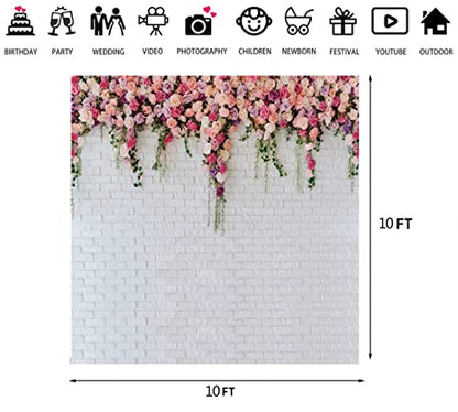 10x10ft White Brick Wall Flowers Background Spring Theme Photography Backdrop for Mother's Day Valentine Wedding Bridal Baby Shower Birthday Party Decor Banner Portrait Photo Booth Prop 134 - size: 10x10ft