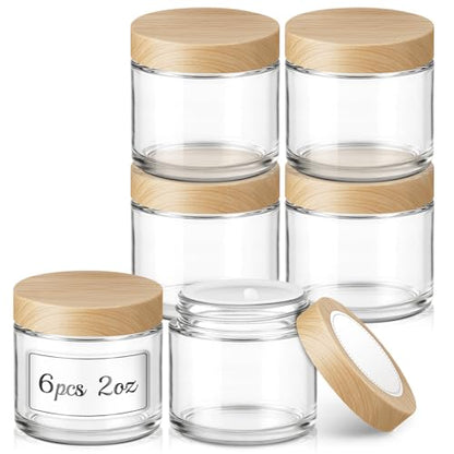 2 oz Small Glass Jars with Lids, Bumobum Clear Cosmetic Jars with Plastic Woodgrain Lids, 60ml Refillable Empty Containers for Lotion, Cream, Salve, Powders, 6 Pack - color: 2oz-6pack