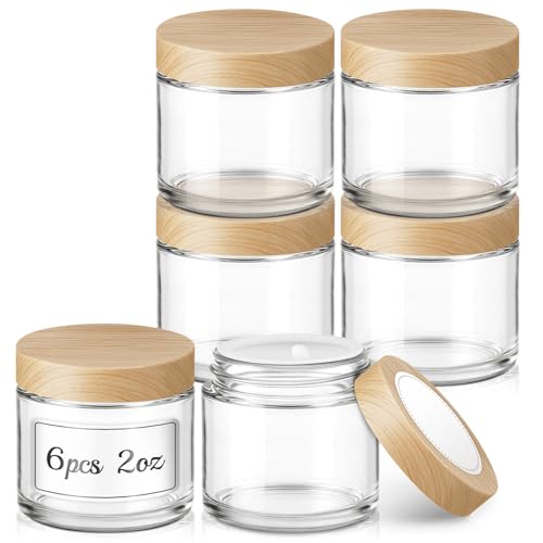 2 oz Small Glass Jars with Lids, Bumobum Clear Cosmetic Jars with Plastic Woodgrain Lids, 60ml Refillable Empty Containers for Lotion, Cream, Salve, Powders, 6 Pack - color: 2oz-6pack