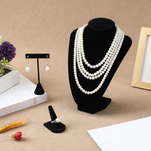Wenqik 3 Pcs Velvet Jewelry Display Set Velvet Necklace Bust Holder T Shape Earring Stand Ring Finger Jewelry Holder, Black - color: Black