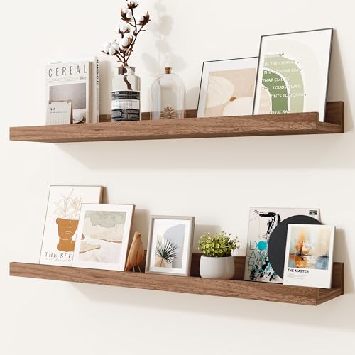 Heimlove Picture Ledge Shelf,24 inch Long Floating Shelves for Wall Set of 2,Picture Shelf with Lip for Wall Decor,Living Room,Bedroom,Bookshelf,Nursery,Perfume,Walnut Color - color: Walnut, size: 24'', Set of 2