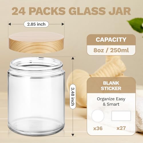 24Pcs 8 oz Clear Glass Candle Jars with Plastic Woodgrain Lids, Bumobum Body Butter Containers for Lotion, Creams, Body Scrubs, Ointments (240ml) - color: 8oz-24pack