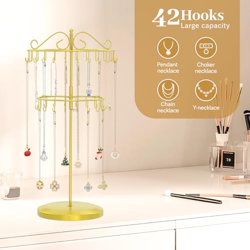 MODOWEY Rotating Necklace Holder Organizer Display Stand with 42 Hooks, 2 Tier Adjustable Metal Tree for Long Necklace Hanger Selling, Tall Spinning Bracelet Storage Rack for Men Women, Gold - color: Gold, size: 2 Tier