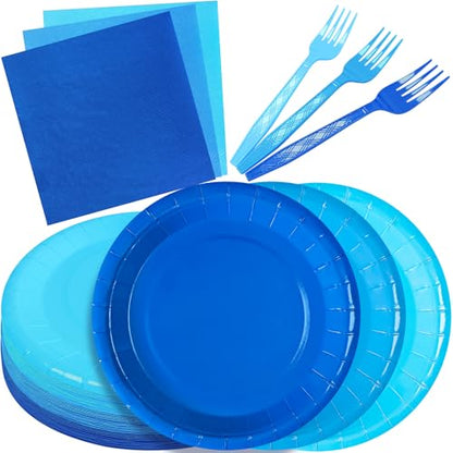 Serves 35 Guests Dusty Blue Plates and Napkins Party Supplies,7" Gradient Blue Birthday Dessert Paper Plates and Napkins,Disposable Party Dinnerware for Wedding,Graduation - color: Gradient Blue