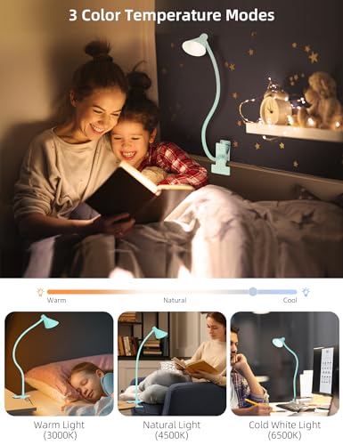 LiFMIRA Reading Light for Bed, Clip-on Desk Lamp with Flexible Neck, 3 Color Modes & 10 Dimmable Brightness, Teal - color: Teal