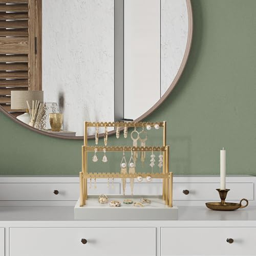 SANY DAYO HOME 3-Tier Earring Holder Organizer Stand, 105 Holes Gold Metal Earring Rack Jewelry Display Tree with Gray Wood Tray for Women and Girls - color: Gold Rack Gray Base