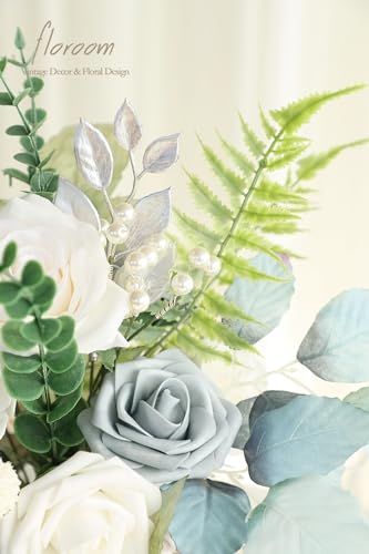 Floroom Artificial Greenery Stems Box Set, 36pcs with 7 Kinds of Faux Greenery Flowers Picks for DIY Bridal Bouquets Wedding Floral Arrangement Table Centerpieces, Dusty Blue & Silver - color: Dusty Blue & Silver