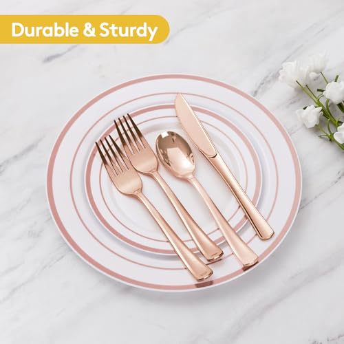 Goodluck 100 Pack Pre Rolled Rose Gold Plastic Silverware, Wrapped Cutlery Set with Napkin Include 100 Forks, 100 Knives, 100 Spoons and 100 Napkins, Fancy Disposable Silverware for Party, Wedding - size: 100pc, style: Rose gold