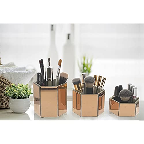 OnDisplay Tressa Set of 3 Hexagon Mirrored Trays for Makeup/Cosmetics, Brushes, Office, Jewelry and Accessories (Rose Gold)