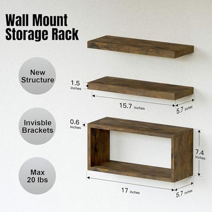 RICHER HOUSE Floating Shelves Set of 3, Modern Bathroom Shelves Wall Mounted Shelves with Invisible Brackets Over Toilet, Rustic Wall Shelves for Bathroom Bedroom, Living Room, Kitchen - Brown - color: Brown, size: 2+1