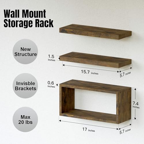 RICHER HOUSE Floating Shelves Set of 3, Modern Bathroom Shelves Wall Mounted Shelves with Invisible Brackets Over Toilet, Rustic Wall Shelves for Bathroom Bedroom, Living Room, Kitchen - Brown - color: Brown, size: 2+1