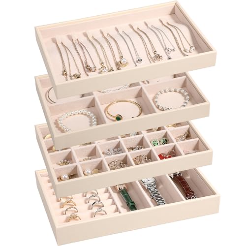 LANDICI Stackable Jewelry Organizer Trays 4 Set,PU Leather Jewelry Organizer Drawer,Jewelry Storage Display Tray for Earring Necklace Rings Bracelet with Removable Dividers,Apricot - color: Apricot
