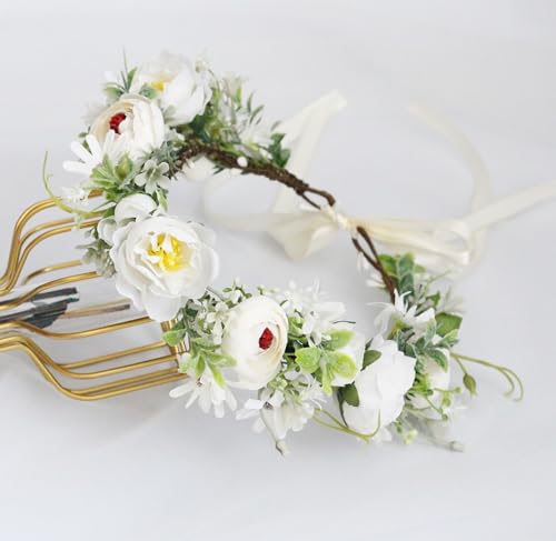 Bridal Flower Crown Flower Headband Floral Halo Floral Crown Wedding Party Cosplay Halloween Costume Photos - color: ivory white