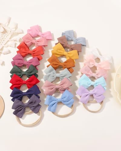 jollybows 20pcs Baby Girls Nylon Hair Bows Headbands Linen Bands Elastic Accessories for Baby Girls Infants preemie and Newborn Kids - color: 5- 20PCS netural bows