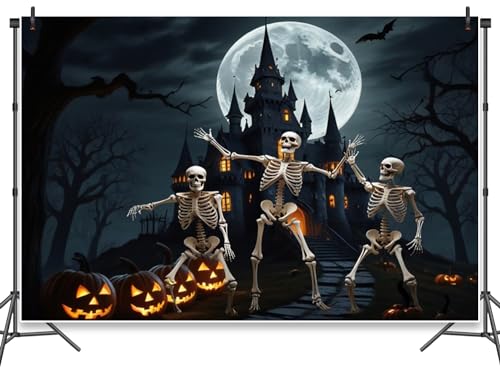 Halloween Backdrop Skull Castle Gloomy Woods Graveyard Photography Backdrops Horrible Cemetery Spooky Party Banner Halloween Booth Background Party Decoration Photo Studio Props 5x3ft - color: Halloween 007, size: 5x3ft