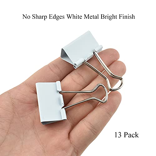 HAHIYO Binder Clips Paper Clamps Spring Steel Sturdy Medium 1.26 inches Width 0.39 Inch Capacity No Sharp Edges Heavy Duty Tight Grip Reusable White Metal Bright Finish for Home Office School 13 Pack - size: White1.26in-13P