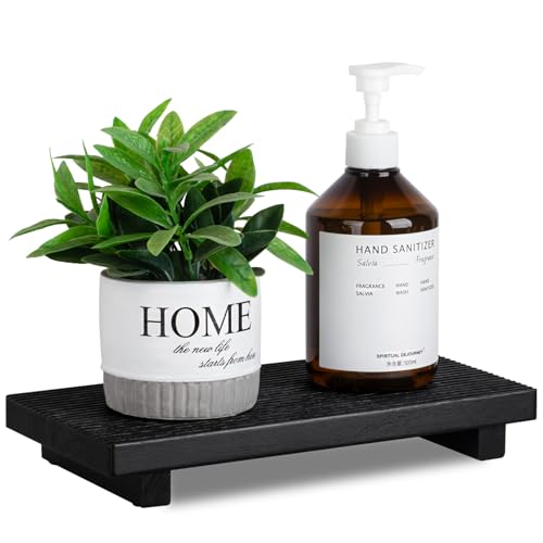 Bathroom Tray Farmhouse Decor Pedestal Stand Wood Riser Display Kitchen Accessories Soap Holder for Sink, Counter, Vanity, 11 * 5.5 Black - color: Black, size: 11" x 5.5" x 1.6"