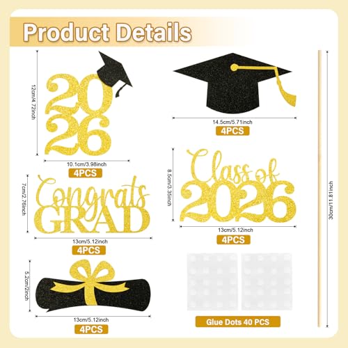 Babycop Graduation Decorations 2026 – 20PCS Graduation Centerpieces for Tables in 5 Black & Gold Designs, Class of 2026 Table Decorations for Grad Party, Photo Props/Flower Arrangement
