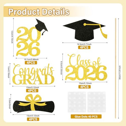 Babycop Graduation Decorations 2026 – 20PCS Graduation Centerpieces for Tables in 5 Black & Gold Designs, Class of 2026 Table Decorations for Grad Party, Photo Props/Flower Arrangement
