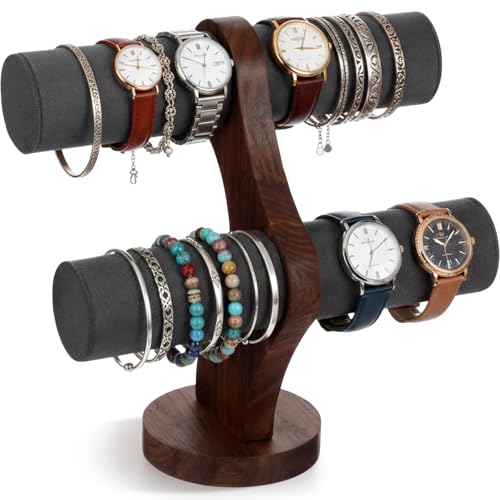 RattanView 2 Tier Walnut Bracelet Holder Display Wooden Watch Stand Organizer T Bar Rack Storage Tower for Selling Retail - color: Gray
