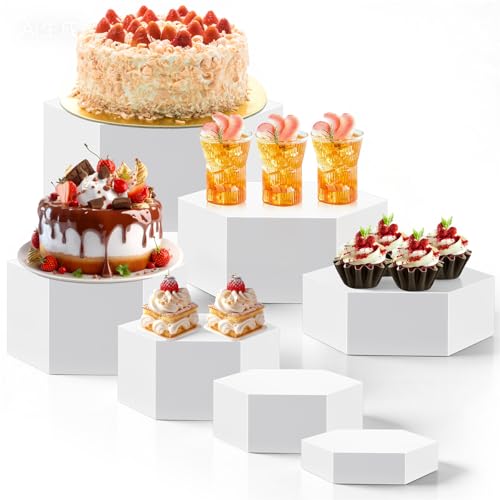 Leinuosen 7 Pcs Large Hexagonal Buffet Risers Set 6" to 12" Acrylic Display Box Catering Dessert Table Riser Food Display Decorative Stand with Hollow Bottom for Catering Supplies(White) - color: White, size: 6" to 12", style: Hexagonal